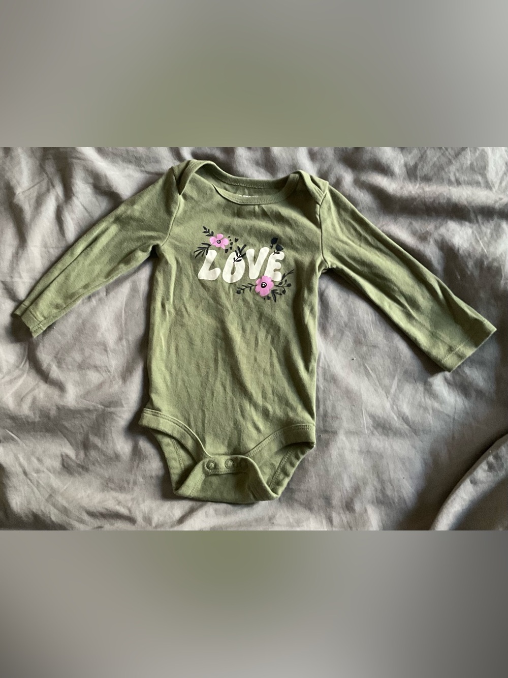 Olive Green "Love" Floral Long-Sleeve Baby Bodysuit